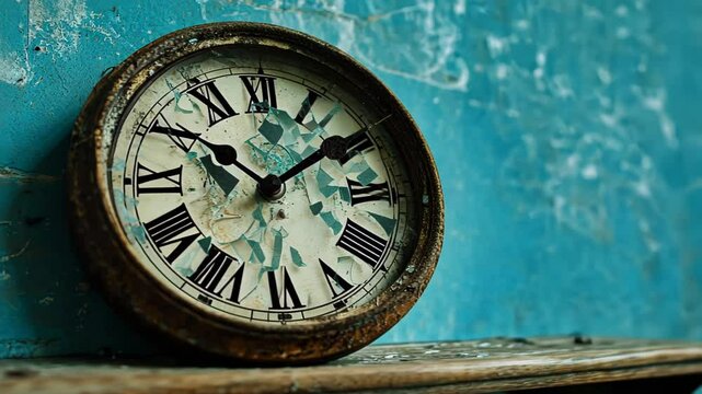 A vintage, shattered clock on a weathered blue wall symbolizes the passage of time and nostalgia, perfect for concepts like New Year's Eve or historical reflection