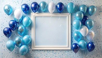 white frame with blue balloons and glitter decoration