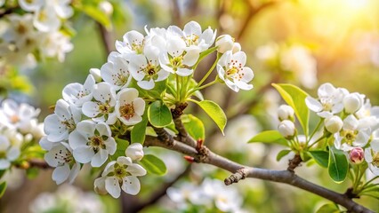 Obraz premium White fresh pear tree bud fertile blossom Asymmetrical