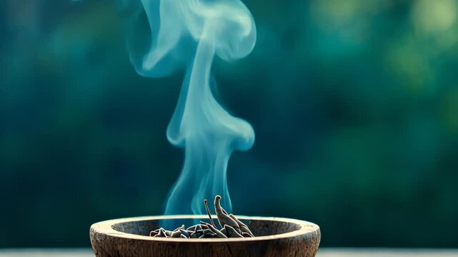 A close-up of burning incense sticks in a wooden bowl releasing aromatic smoke, perfect for concepts of meditation, relaxation, and cultural rituals like Diwali or Hanukkah