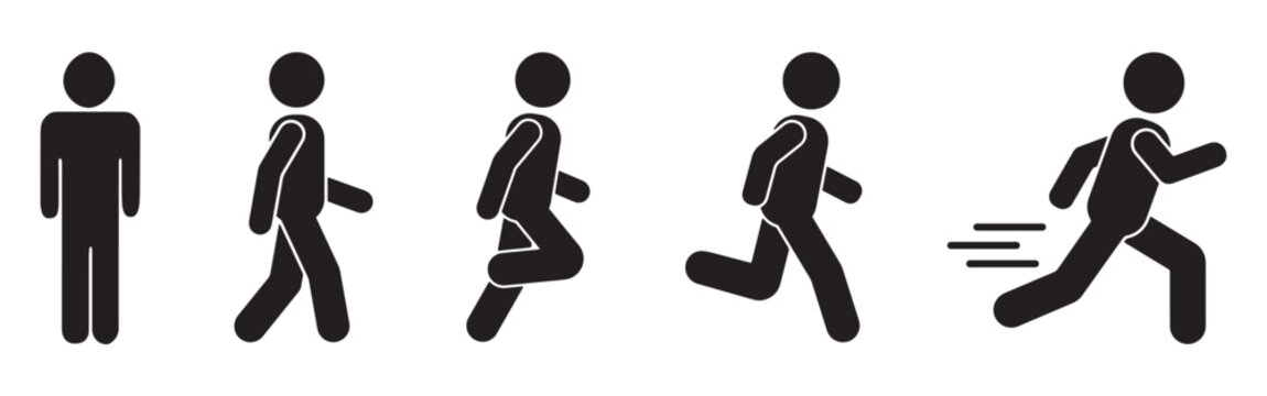 Running and walking people icons. Man stands, walk and run illustration. People symbol. Run, walk, stand. Vector illustration