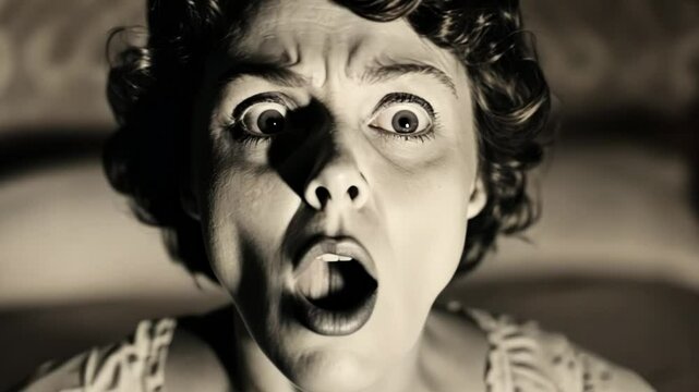 A distressed woman with a shocked expression in vintage black-and-white, perfect for Halloween or classic horror film concepts