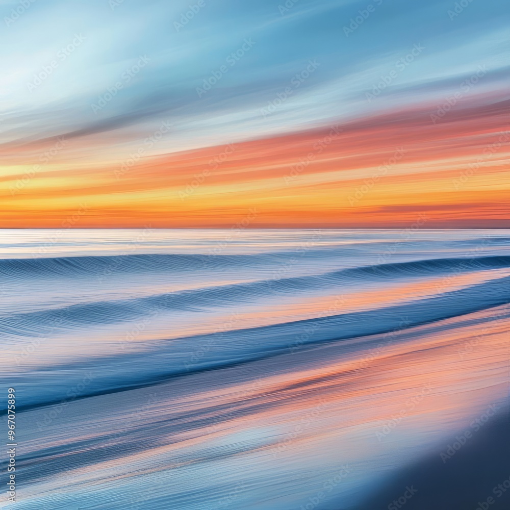 Sticker A long exposure photograph of a beach at sunset, showing the waves and sky in streaks of color.