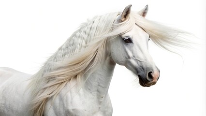 White horse with long mane on blue background isolated on white