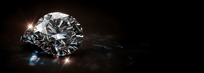 Fototapeta premium Round cut diamond on black dark glossy background