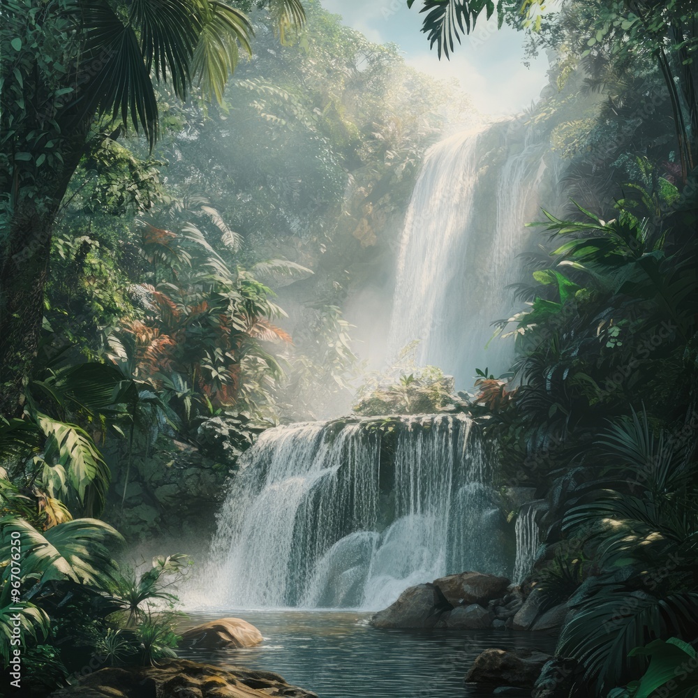 Poster A lush tropical waterfall cascades down a rock face, surrounded by vibrant green foliage and sunlight streaming through the canopy.