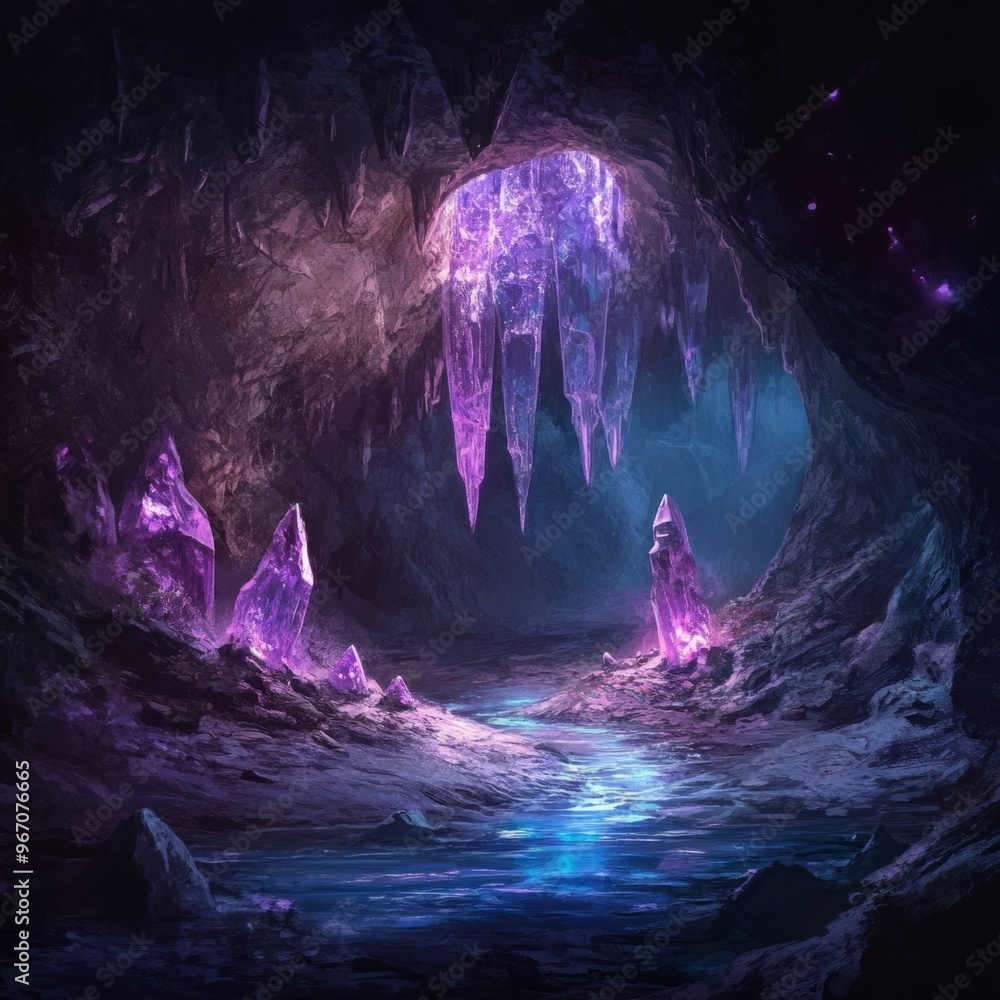 Poster A magical cave with glowing crystals and a flowing stream.