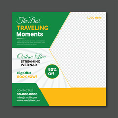 Travel social media banner post template design. Summer beach holiday online promotion poster. Traveling flyer. Holiday and tour advertising social media design
