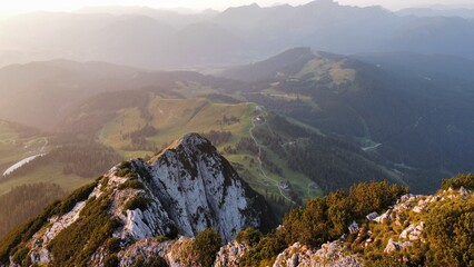 Fototapeta premium Aerial view of Austrian Alps at Sunset