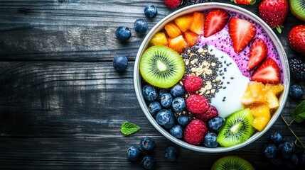 Overhead photo of a healthy breakfast bowl with colorful vegetables, seeds, t, arranged beautifully on a wooden table