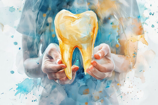 watercolor style, Dentist holding a golden tooth in watercolor, dentist care, investment opportunity illustration