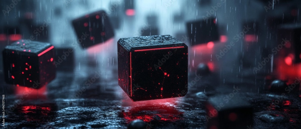 Poster a close up of a black cube with red letters on it