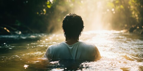 Obraz premium A baptism in a serene river, water flowing as a sign of blessing and renewal 