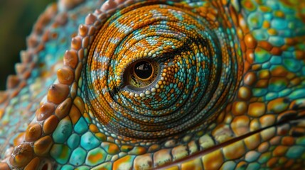 Obraz premium Close-up of a chameleon's eye, showcasing its unique texture and vibrant colors.