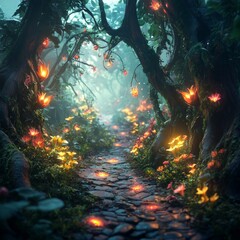 A magical, misty forest path with glowing flowers and butterflies.