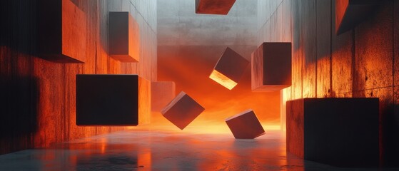 A series of cubes are falling from the ceiling