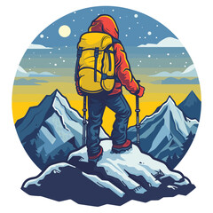 Fototapeta premium Hiking in the mountains. The scene is serene and peaceful, with the man looking out over the landscape. Concept of adventure and exploration