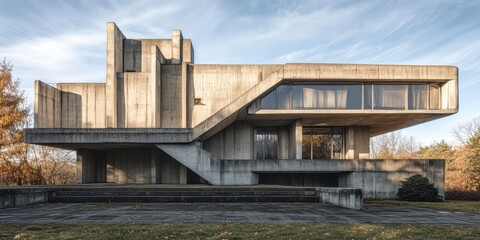 A brutalist structure of raw concrete with bold, geometric shapes 