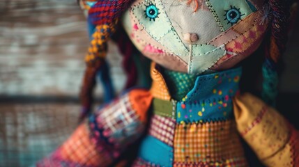 Close-up of a handmade rag doll with colorful patchwork clothing and mismatched buttons.