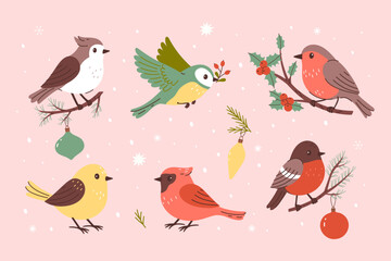 Postcard or poster with winter birds. Vector graphics.