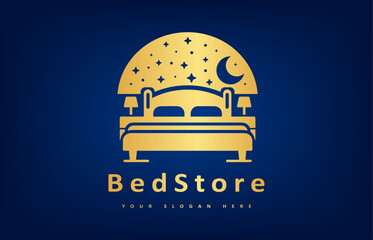 Fototapeta premium Bed store logo. Bed with pillows, stars and the moon logo vector design. The night sky.