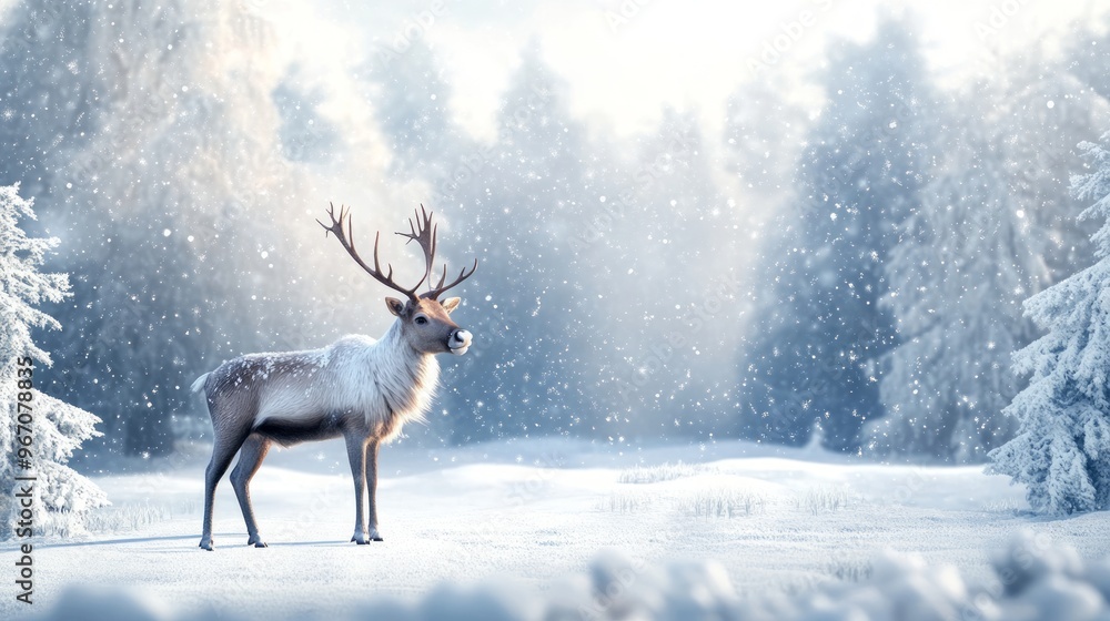 Poster A majestic reindeer stands in a snowy forest with falling snow and a sunlit background.