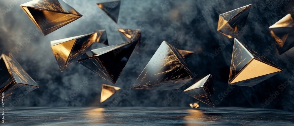 Poster a series of triangles are floating in the air, creating a sense of movement