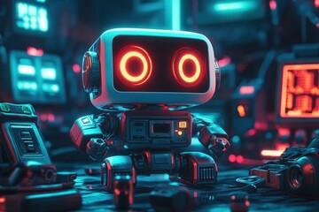 Fototapeta premium Futuristic Robot with Red Glowing Eyes in a Neon Lit Room