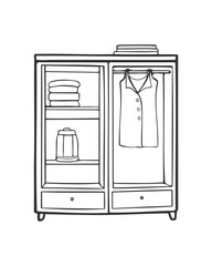 Wardrobe outline line drawing, simple drawing of closet with shelves and things, isolated on white background.