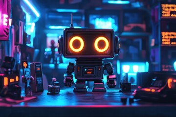 Retro Futuristic Robot with Glowing Eyes in Neon Lit Room