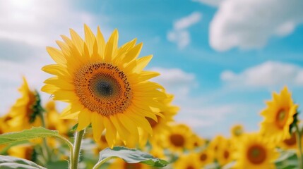 Obraz premium A large sunflower in a field with blue sky and clouds, AI
