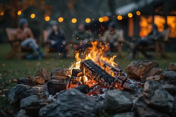 A bonfire crackles in a fire pit, surrounded by friends gathered around.  The warm glow of the flames lights up the faces of the people enjoying the evening.