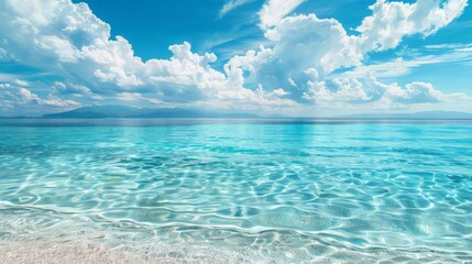 Fototapeta premium Crystal clear sea water bay. Pristine ocean lagoon sunny cloudy sky, idyllic relaxing seascape.