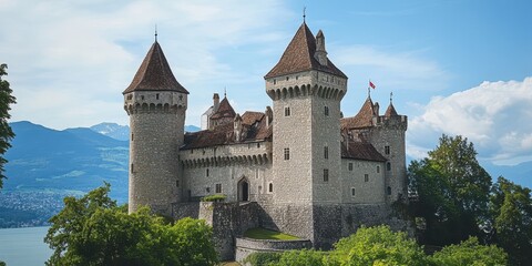 A medieval stone castle with towering turrets standing proudly on a hill