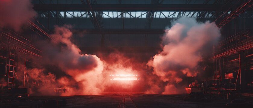 A red and orange smoke filled room with a neon sign in the middle - Powered by Adobe