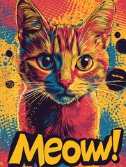 Colorful Pop art style of a playful cat with a 'MEOW!' text.
(style 2)