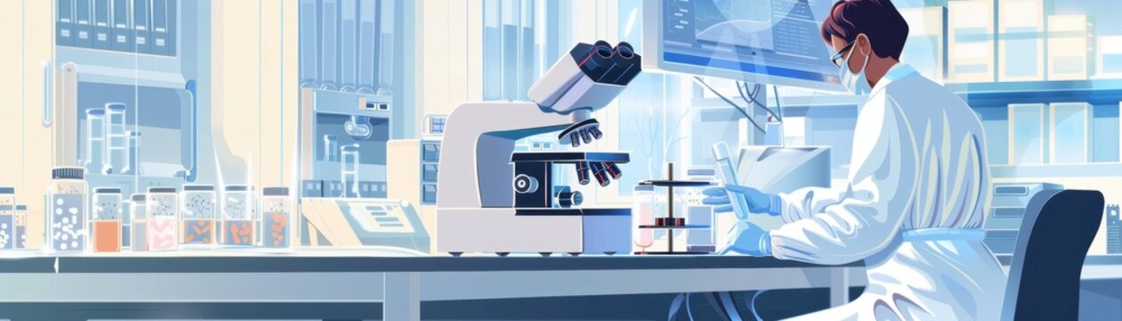 Scientist working with a microscope in a laboratory.
