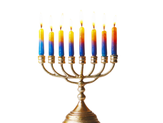 a gold menorah with lit candles