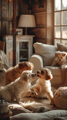 Three Golden Retriever puppies play in a cozy living room with a large window and soft lighting.