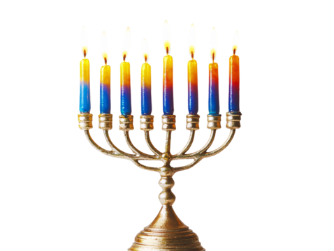 a gold menorah with lit candles