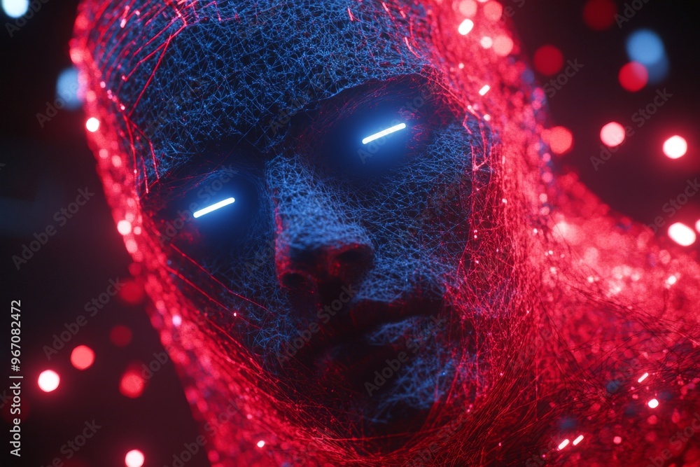 Poster mental energy cognitive collapse and cognitive processing futuristic digital human face illuminated 