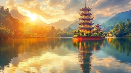 Tranquil Sunrise Over a Pagoda Asian Landscape With Lush Mountains Mirrored In Calm Lake Water