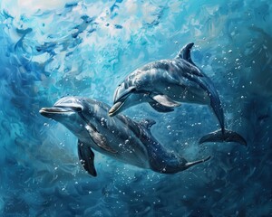 Fototapeta premium Two playful dolphins swim in a sparkling blue ocean. Bubbles and light filter through the water.