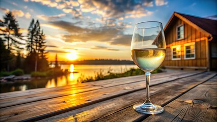 Obraz premium White wine spritzer being enjoyed on a wooden deck overlooking a Canadian cottage during a summer sunset, captured from a worm's eye view.