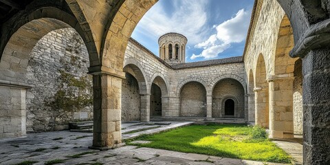 Fototapeta premium A Romanesque church with thick stone walls and rounded arches, exuding strength 