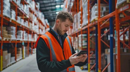 Warehouse worker using a tablet to manage inventory.