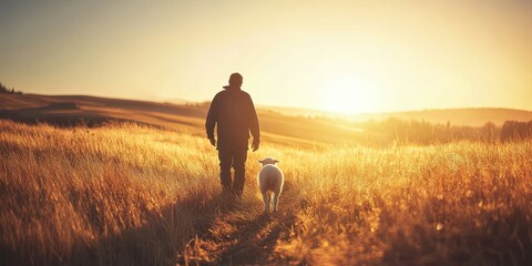 A shepherd gently guiding a lamb through a peaceful field under a clear sky 