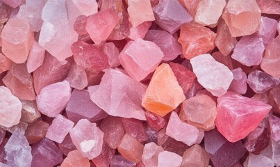 Fototapeta premium Colorful assortment of raw ruby gemstones gathered together in natural setting under bright lighting