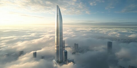 A sleek futuristic skyscraper made of steel, piercing the clouds