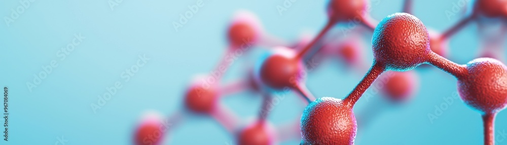 Poster abstract close-up of molecular structures with red spheres on a blue background, representing scienc